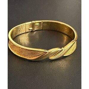 Vintage MONET Clamper Bracelet 80s Glam Gold Tone Mesh Bypass Hinged
